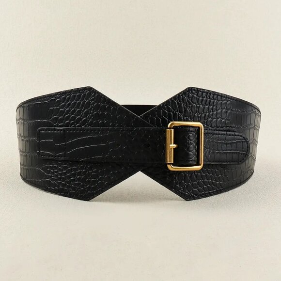 2/$30 Black Crocodile Embossed Wide Waist Belt Gold Buckle Cincher Dress Tunic - Picture 7 of 8